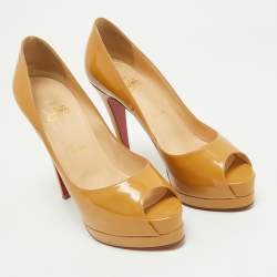 Pre Owned Christian Louboutin Beige Patent Leather Lady Peep Toe Pumps Size 37