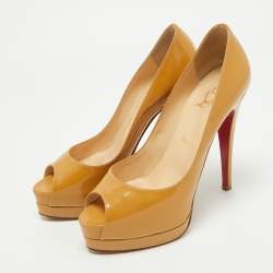 Pre Owned Christian Louboutin Beige Patent Leather Lady Peep Toe Pumps Size 37