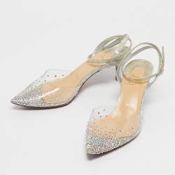 Pre Owned Christian Louboutin Silver Leather and PVC Spikaqueen Ankle Strap Sandals Size 36.5