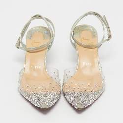 Pre Owned Christian Louboutin Silver Leather and PVC Spikaqueen Ankle Strap Sandals Size 36.5