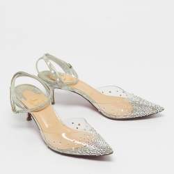 Pre Owned Christian Louboutin Silver Leather and PVC Spikaqueen Ankle Strap Sandals Size 36.5