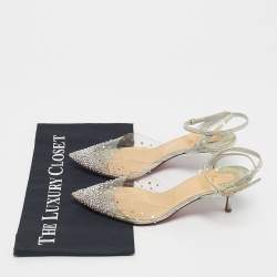 Pre Owned Christian Louboutin Silver Leather and PVC Spikaqueen Ankle Strap Sandals Size 36.5