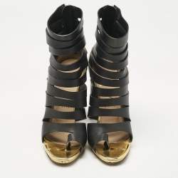 Pre Owned Christian Louboutin Black/White Leather Decoupata Strappy Booties Size 37.5