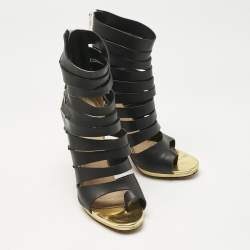 Pre Owned Christian Louboutin Black/White Leather Decoupata Strappy Booties Size 37.5