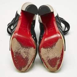 Pre Owned Christian Louboutin Black/White Leather Decoupata Strappy Booties Size 37.5