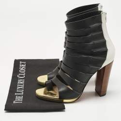 Pre Owned Christian Louboutin Black/White Leather Decoupata Strappy Booties Size 37.5