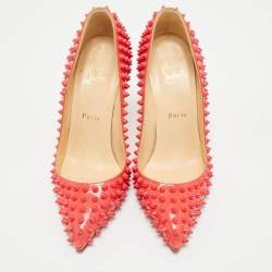 Pre Owned Christian Louboutin Pink Patent Leather Pigalle Spikes Pointed Toe Pumps Size 37.5