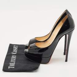 Pre Owned Christian Louboutin Black Patent Leather Lady Peep Toe Platform Pumps Size 38.5