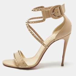 Pre Owned Christian Louboutin Beige Leather Spike Choca Lux Sandals Size 39.5
