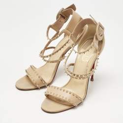 Pre Owned Christian Louboutin Beige Leather Spike Choca Lux Sandals Size 39.5