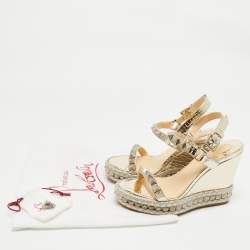 Pre Owned Christian Louboutin Gold Croc Embossed Leather Pyraclou Wedge Sandals Size 37