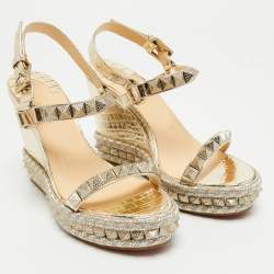 Pre Owned Christian Louboutin Gold Croc Embossed Leather Pyraclou Wedge Sandals Size 37