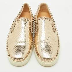 Pre Owned Christian Louboutin Gold Python Embossed Leather Pik Boat Slip On Sneakers Size 37