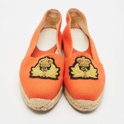 Pre Owned Christian Louboutin Orange Canvas Galia Espadrille Flats Size 35