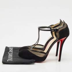 Pre Owned Christian Louboutin Black Suede and Mesh Mrs.Early T-Strap Sandals Size 39.5