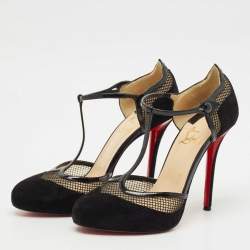 Pre Owned Christian Louboutin Black Suede and Mesh Mrs.Early T-Strap Sandals Size 39.5