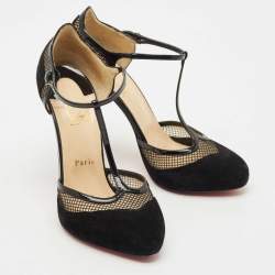 Pre Owned Christian Louboutin Black Suede and Mesh Mrs.Early T-Strap Sandals Size 39.5