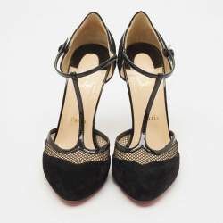Pre Owned Christian Louboutin Black Suede and Mesh Mrs.Early T-Strap Sandals Size 39.5