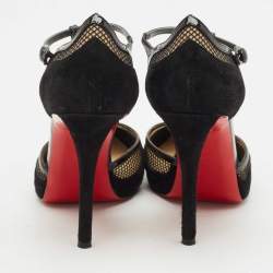 Pre Owned Christian Louboutin Black Suede and Mesh Mrs.Early T-Strap Sandals Size 39.5