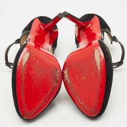 Pre Owned Christian Louboutin Black Suede and Mesh Mrs.Early T-Strap Sandals Size 39.5