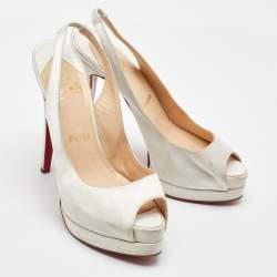 Pre Owned Christian Louboutin White Satin Lady Peep Toe Slingback Platform Pumps Size 38