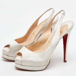 Pre Owned Christian Louboutin White Satin Lady Peep Toe Slingback Platform Pumps Size 38