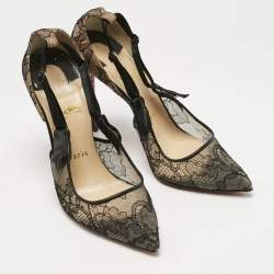 Pre Owned Christian Louboutin Beige/Black Lace and Mesh Hot Jeanbi 100 Pumps Size 38.5