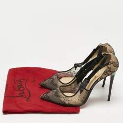 Pre Owned Christian Louboutin Beige/Black Lace and Mesh Hot Jeanbi 100 Pumps Size 38.5