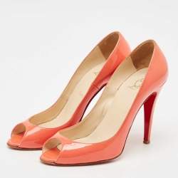 Pre Owned Christian Louboutin Coral Orange Patent Leather Flo Peep Toe Pumps Size 38