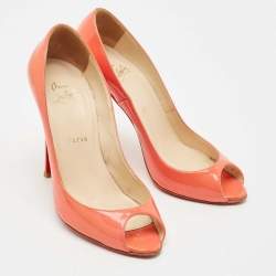 Pre Owned Christian Louboutin Coral Orange Patent Leather Flo Peep Toe Pumps Size 38