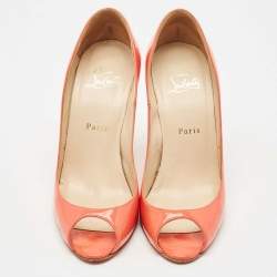 Pre Owned Christian Louboutin Coral Orange Patent Leather Flo Peep Toe Pumps Size 38
