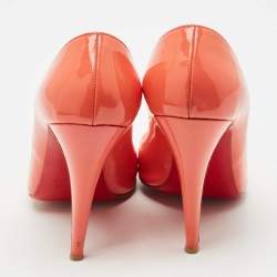 Pre Owned Christian Louboutin Coral Orange Patent Leather Flo Peep Toe Pumps Size 38