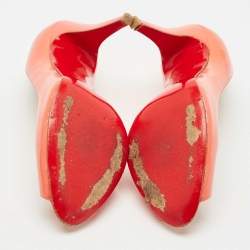 Pre Owned Christian Louboutin Coral Orange Patent Leather Flo Peep Toe Pumps Size 38