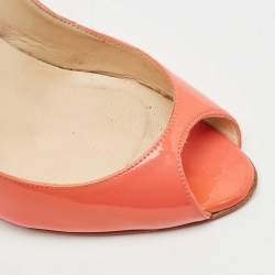 Pre Owned Christian Louboutin Coral Orange Patent Leather Flo Peep Toe Pumps Size 38