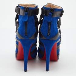 Pre Owned Christian Louboutin Blue/Black Suede and Leather Nitonimoi Platform Ankle Boots Size 38