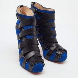 Pre Owned Christian Louboutin Blue/Black Suede and Leather Nitonimoi Platform Ankle Boots Size 38