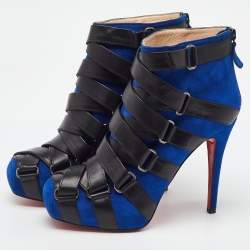 Pre Owned Christian Louboutin Blue/Black Suede and Leather Nitonimoi Platform Ankle Boots Size 38