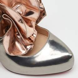 Pre Owned Christian Louboutin Silver/Rose Gold Leather Ruffle Mary Jane Pumps Size 38.5