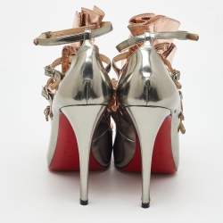 Pre Owned Christian Louboutin Silver/Rose Gold Leather Ruffle Mary Jane Pumps Size 38.5