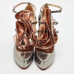 Pre Owned Christian Louboutin Silver/Rose Gold Leather Ruffle Mary Jane Pumps Size 38.5