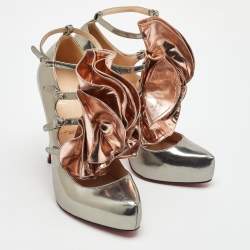 Pre Owned Christian Louboutin Silver/Rose Gold Leather Ruffle Mary Jane Pumps Size 38.5