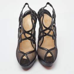 Pre Owned Christian Louboutin Black Leather and Mesh Strappy Platform Slingback Sandals Size 39