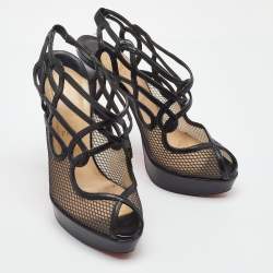 Pre Owned Christian Louboutin Black Leather and Mesh Strappy Platform Slingback Sandals Size 39