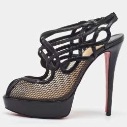 Pre Owned Christian Louboutin Black Leather and Mesh Strappy Platform Slingback Sandals Size 39
