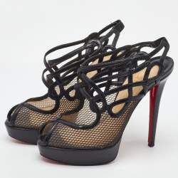 Pre Owned Christian Louboutin Black Leather and Mesh Strappy Platform Slingback Sandals Size 39
