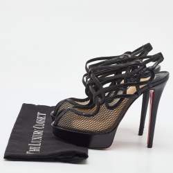 Pre Owned Christian Louboutin Black Leather and Mesh Strappy Platform Slingback Sandals Size 39