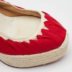 Pre Owned Christian Louboutin Off White/Red Canvas Ibiza Espadrille Platform Wedge Pumps Size 38