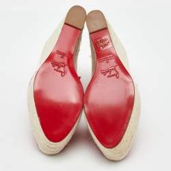 Pre Owned Christian Louboutin Off White/Red Canvas Ibiza Espadrille Platform Wedge Pumps Size 38