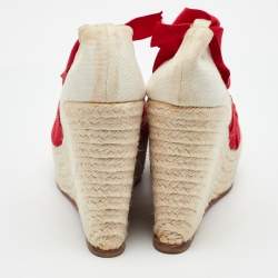 Pre Owned Christian Louboutin Off White/Red Canvas Ibiza Espadrille Platform Wedge Pumps Size 38