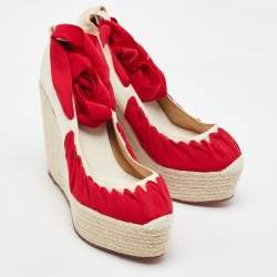 Pre Owned Christian Louboutin Off White/Red Canvas Ibiza Espadrille Platform Wedge Pumps Size 38